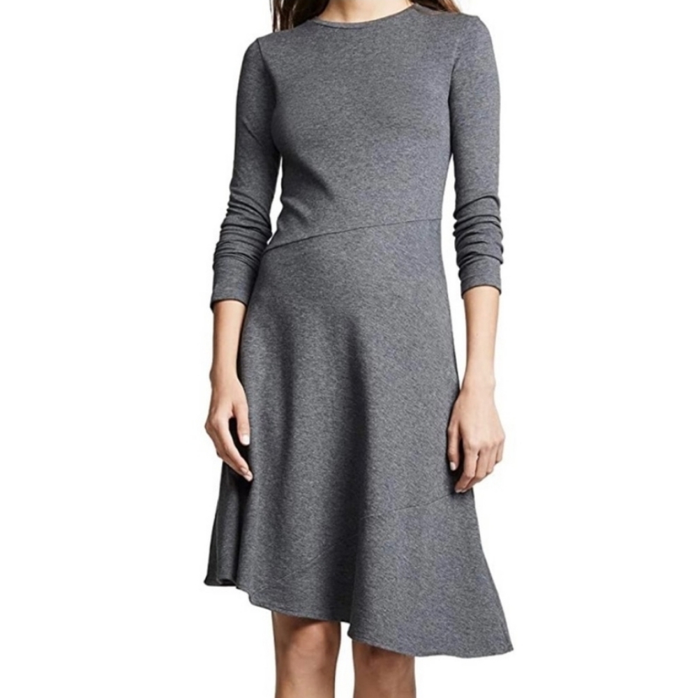 VINCE Long-Sleeve Asymmetric Gray Midi Dress